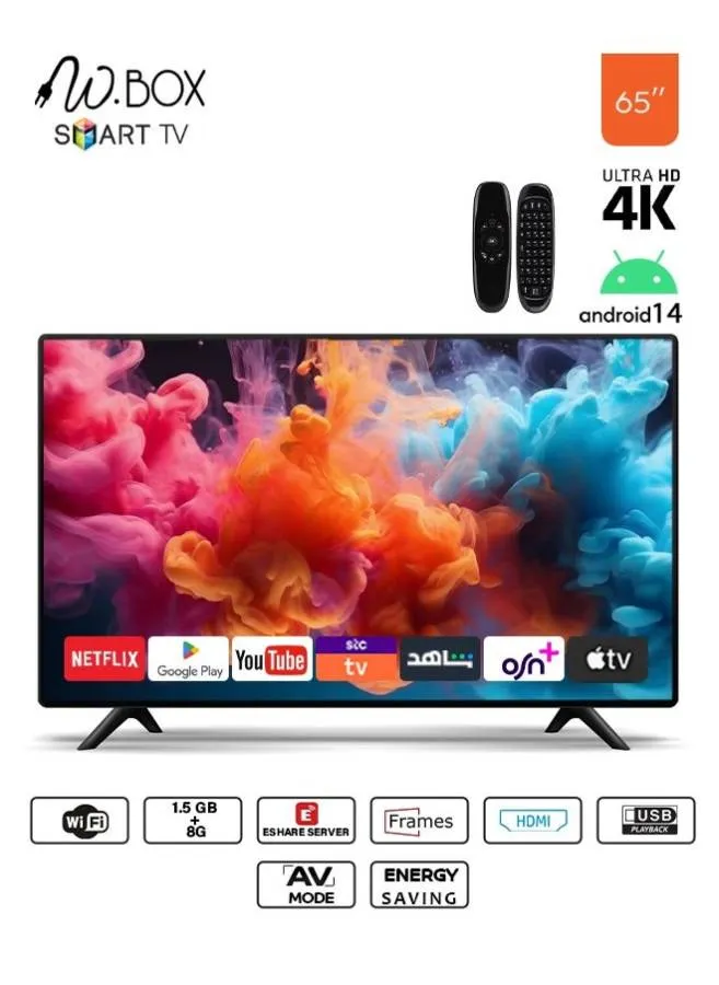 ⁦دبليو بوكس شاشة سمارت 65 بوصة اندرويد 14 4K UHD حامل جداري مجاني ريموت وايرلس مجاني WB65BUH⁩ - الصورة ⁦2⁩