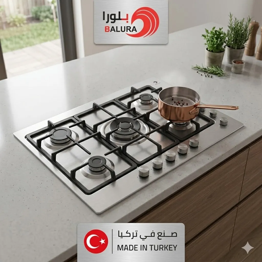⁦بلورا سطح غاز تركى 5 عيون شبك HD مفاتيح جانبية ستيل PL-EL010⁩ - الصورة ⁦5⁩