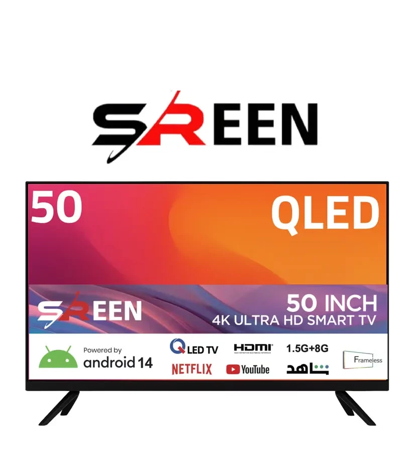 سرين تلفزيون ٥٠ بوصة - فريملس - 4K UHD - سمارت - بنظام Android 14 - شاشة DLED - منافذ HDMI وUSB - دعم Wi-Fi – SRET-50S4KQ2