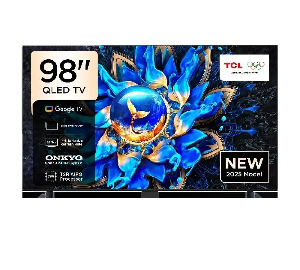 TCL شاشة 98 بوصة 4K QLED ملون كريستال كوانتم HDR 10+ للألعاب جوجل TV، معدل تحديث أصلي 144Hz، نظام ONKYO 2.1 Hi-Fi، دولبي أتموس، MEMC، ماستر الألعاب، (طراز 2025) - 98P8K